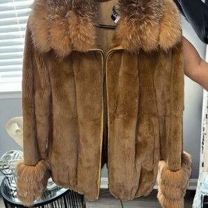 Luxurious Brown sheared rabbit Jacket with fox cuff Accents